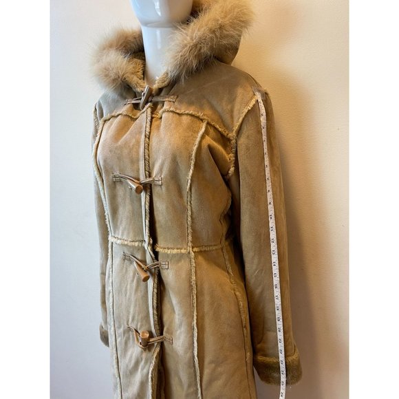 Ruff Hewn Womens Vintage 1980Faux Fur Long Coat Suede Hooded Outerwear Tan Large - Picture 4 of 9